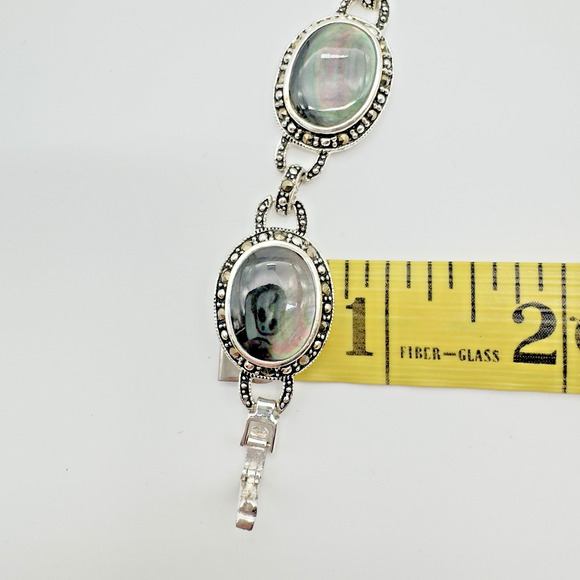 Abalone Shell Necklace Silver Tone Marcasite Halo Oval Link 18" - Picture 8 of 9